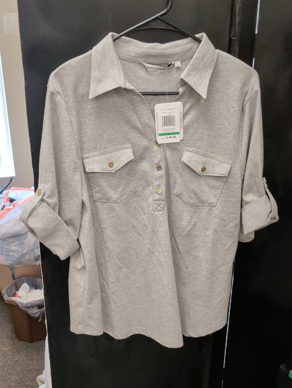 Relaxed Grey Polo Tee with Roll-Tab Sleeves